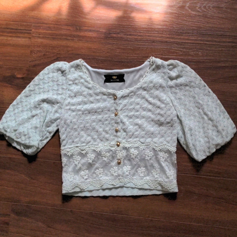 Seafoam Green Blue Regency Style Top Gold Buttons Puff Sleeve